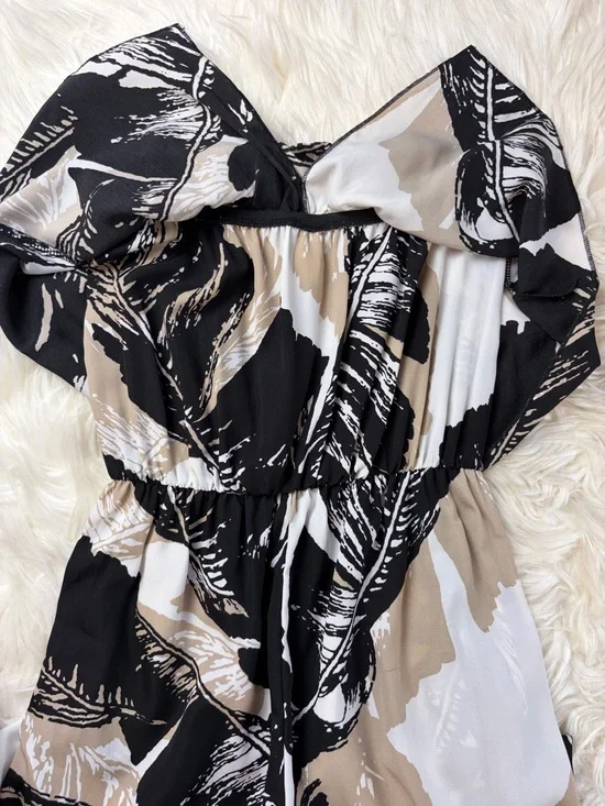 Mahina ~ Strapless Jumpsuit ~ in Black/Tan/White Palm Leaves Print - Picture 12 of 16